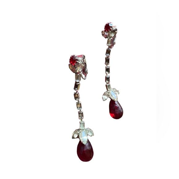 Drop Vintage Clip-on Earrings White Stones and Red Stone Vampire Goth - Picture 1 of 4